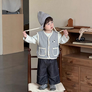 儿童格子马甲外套春装2026新款韩版童装春季衣服童牛仔套装