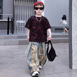 童短袖套装2025夏季新款牛仔裤阔腿裤工装裤烧花T恤上衣两件套，商品下架区，祺儿童装