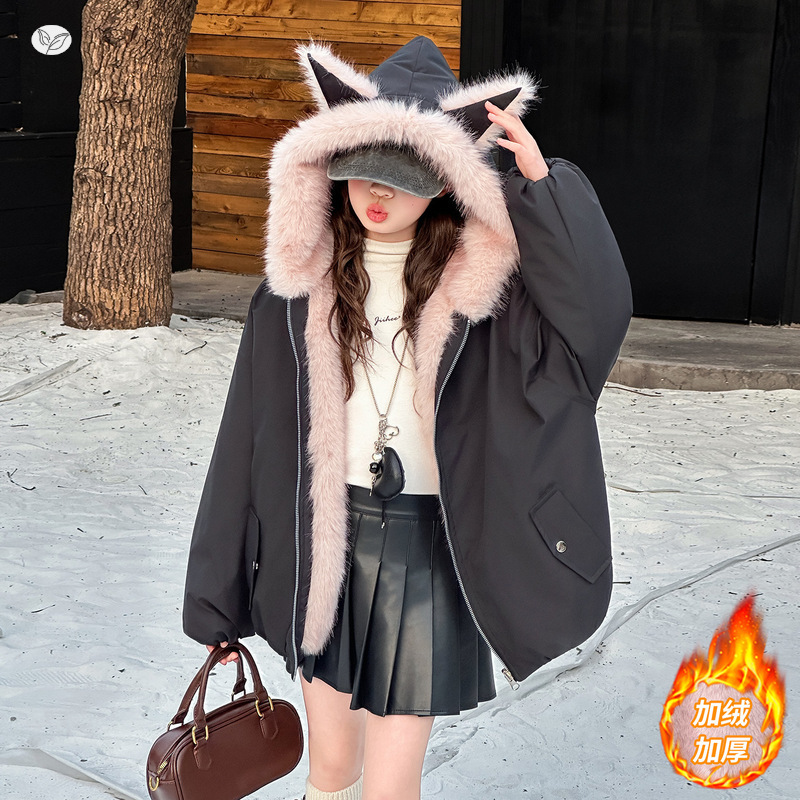 女童加绒加厚棉衣2025秋冬新款尖耳夹克衫中大童休闲冬装棉衣外套，童装外套，祺儿童装