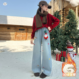 女童牛仔裤加绒2025年秋冬新款卡通圣诞刺绣阔腿裤中大童直筒长裤，童装裤子，祺儿童装