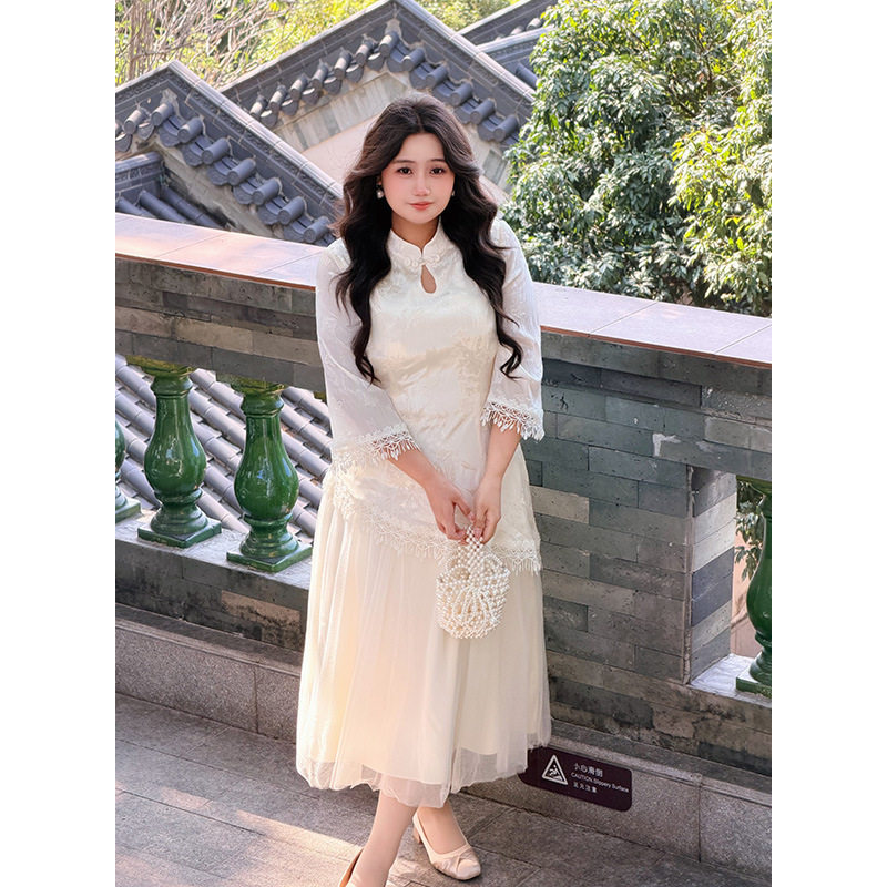 大码气质国风旗袍2026春季新款改良年轻款拼接胖MM新中式连衣裙潮