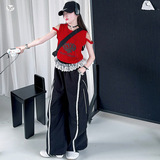 女童爵士舞服套装字母背心蕾丝花边阔腿裤两件套中大童街舞服潮酷，童装休闲套装，祺儿童装