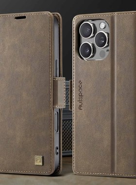 适用iPhone16小牛纹皮壳15Plus钱夹插卡14防盗刷FRID手机壳12侧扣磁吸皮套13ProMax翻盖全包ip11防摔保护套