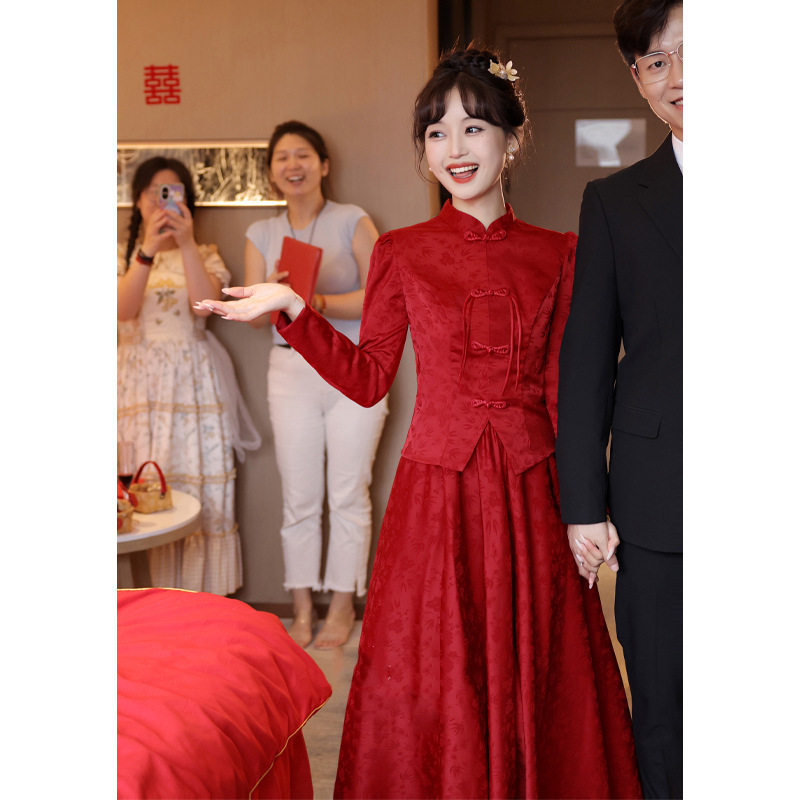 中式敬酒服2025新款新娘酒红色旗袍套装出嫁秀禾服小个子订婚礼服