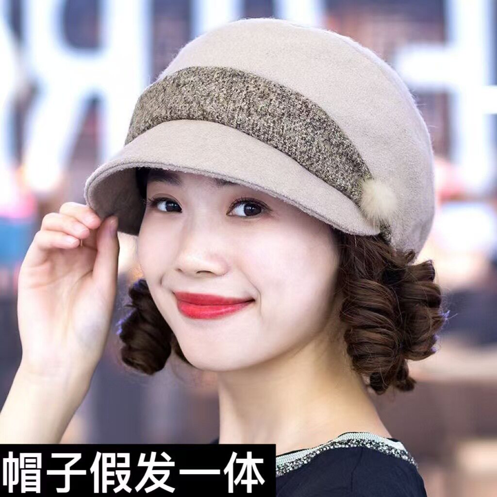 假发帽子妇女遮白发中老年帽子假发一体短卷发逼真自然带头发秋冬
