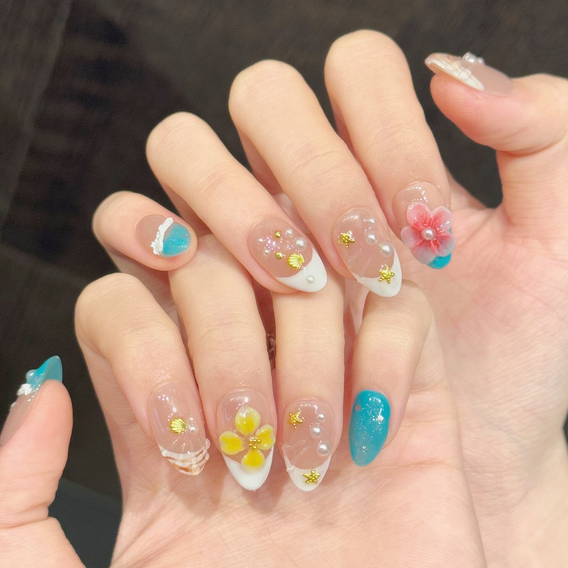 海风花屿清新海洋风贝壳花朵美甲短款度假风跨境假指甲