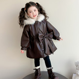 女童秋冬皮衣外套2025新款韩版女加绒连帽毛毛领蝴蝶结派克服P112，童装外套，祺妙童装