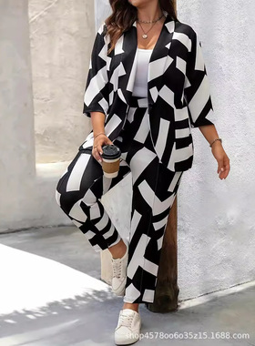 long sleeve tops women suit ladies 2 piece set女黑白条纹套装