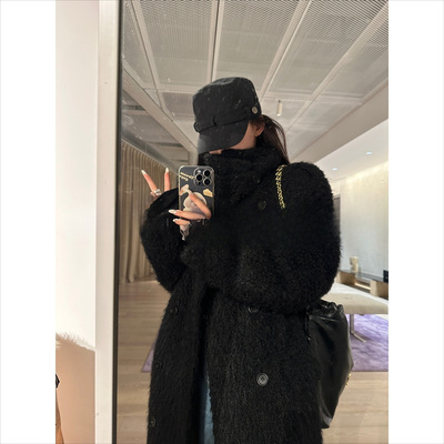CHIPMUNK 立领毛呢大衣女秋冬加厚级感黑色宽松慵懒风呢子外套