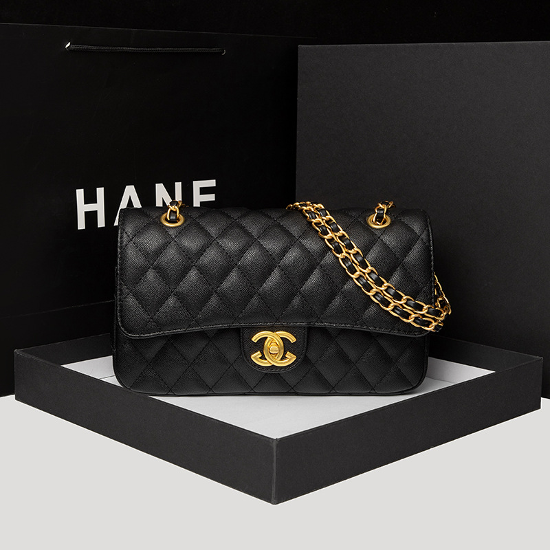 鱼子酱小香风包包时尚斜挎包菱格链条包级感中号真皮双盖包女包