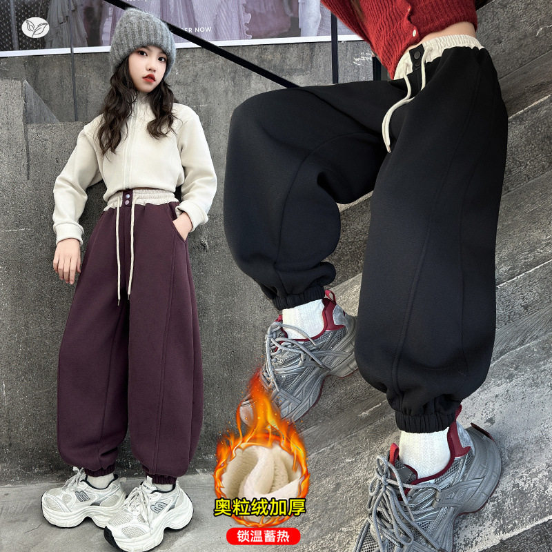 女童2025秋冬新款腰口撞色束脚加绒卫裤女大童户外运动保暖束脚裤，童装裤子，祺儿童装