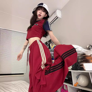 美式炸街运动服套装女夏季甜酷辣妹时尚短袖工装阔腿裤休闲两件套