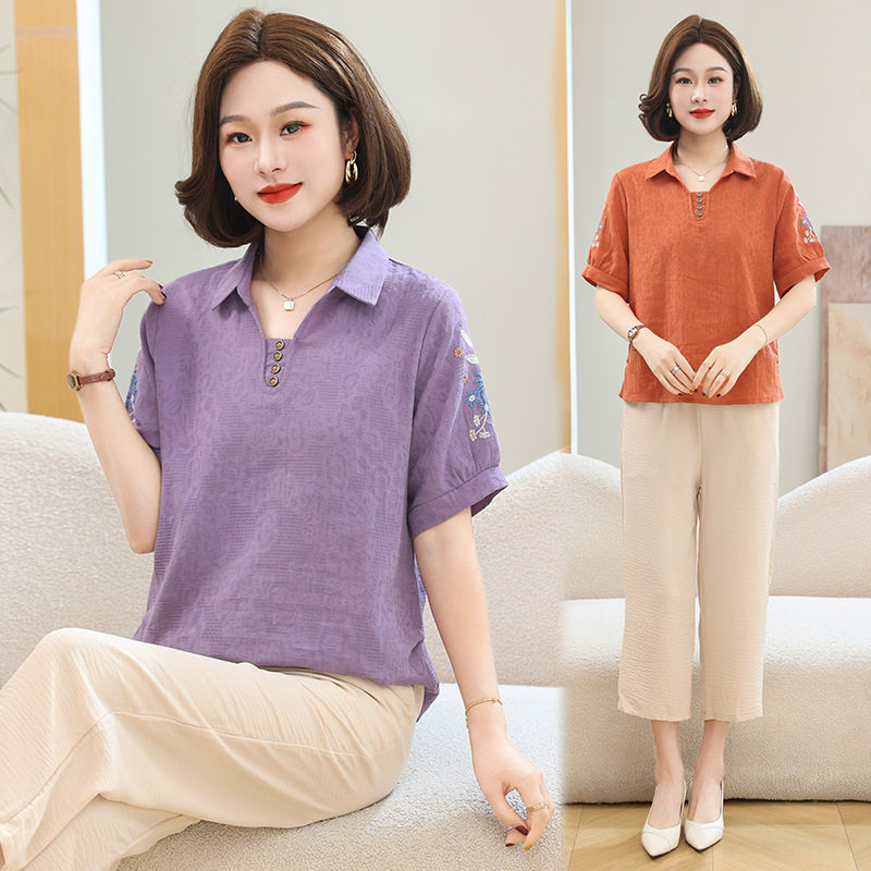 妈妈衬衫领上衣夏季短袖刺绣棉麻T恤中老年宽松休闲衣服女款套装
