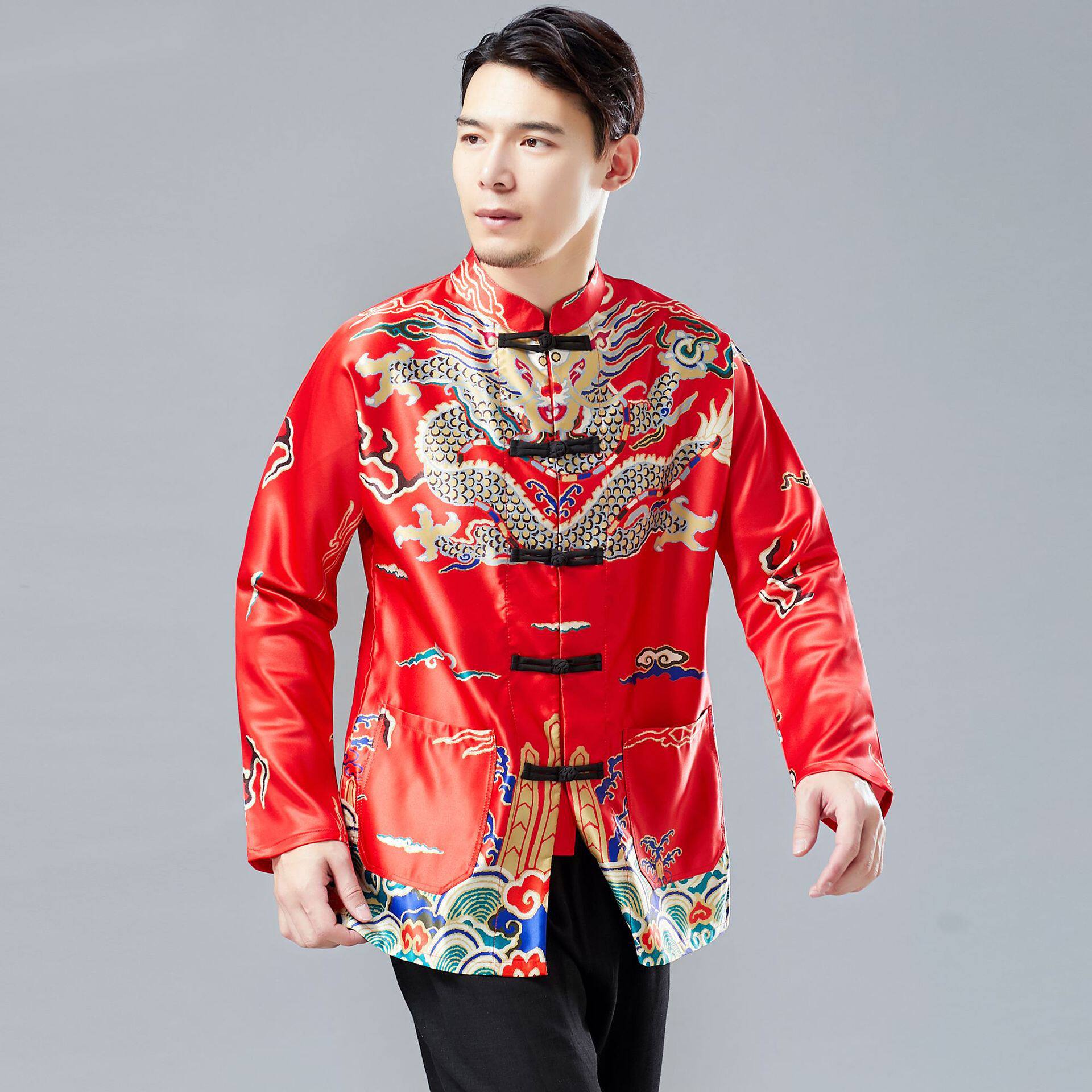 新中式唐装复古风大龙对襟上衣26春季新款中国风绸缎男装长袖衬衫