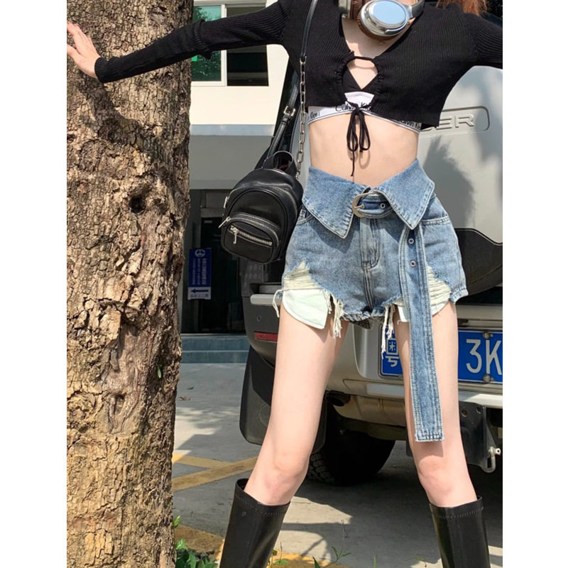 辣妹做旧破洞牛仔裤女春夏ins潮短裤设计感腰显瘦修身阔腿热裤