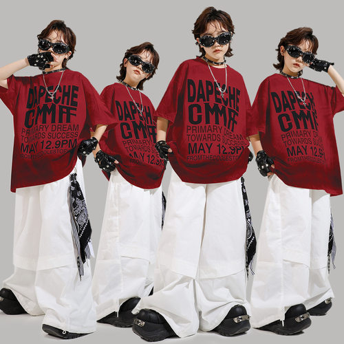 hiphop街舞童装嘻哈潮牌童宽松白色工装长裤儿童潮服女童演出服
