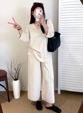 大码上衣女阔腿裤针织套装2025秋款胖mm宽松休闲两件套23217乃粒