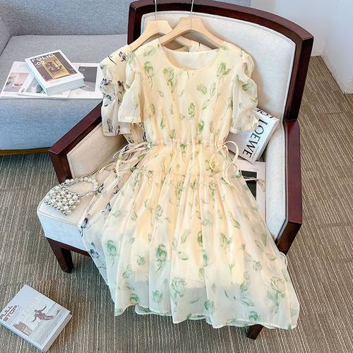 2025夏季大码复古水墨画连衣裙女泡泡袖雪纺长裙腰显瘦系带裙子