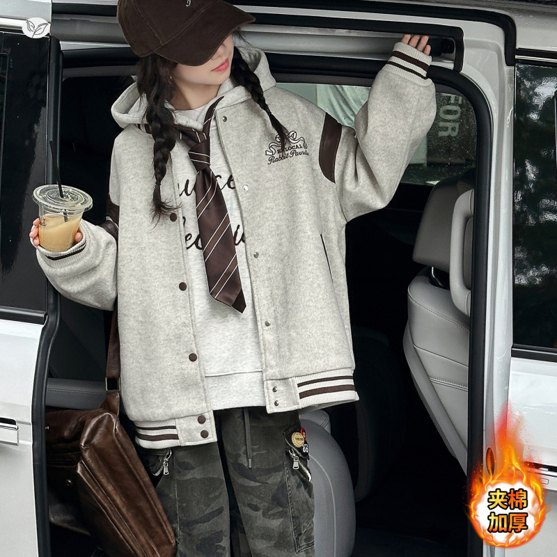 女童运动冬装2025新款冬季女大童棒球服上衣呢料连帽加厚卫衣外套，童装外套，祺儿童装