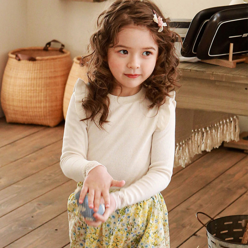 한국 아동복 봄 여아 패션 레이스 커프스 긴팔 면 베이스 레이어 오리지널 아동복