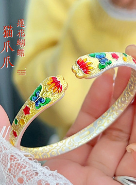国风猫爪爪纯银手镯足银9999描金吉言莲花蝴蝶镯子手环送妈妈礼物