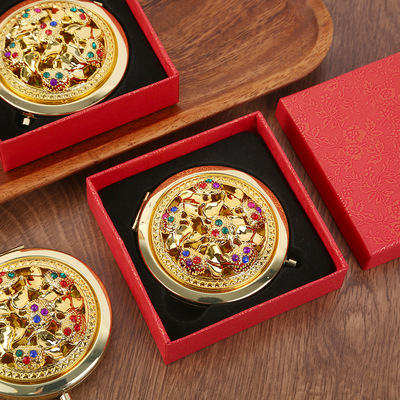 金色便携式圆形口袋化妆镜双面