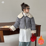 女童棉服外套2025年冬季新款中大童韩系格子棉衣短款面包服大翻领，童装棉衣，祺儿童装