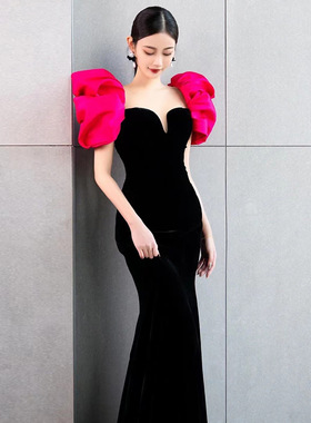 晚礼服黑色鱼尾端丝绒气质年会主持毕业演出服泡泡袖敬酒服长款