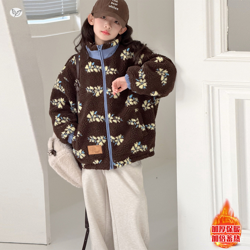 女童加厚毛毛衣2025冬季新款中大童花朵棉衣外套休闲外出上衣冬天，童装外套，祺儿童装