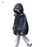 女童加厚牛仔外套秋冬2025年新款格子拼接连帽夹克衫冬款外出上衣，童装外套，祺儿童装