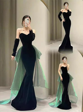 黑色丝绒抹胸鱼尾晚礼服裙级感生日Part演出主持人年会长款2025