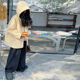 女童2025年冬季新款奶黄色龙须绒加绒大衣女大童户外连帽保暖毛呢，童装外套，祺儿童装