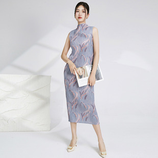 旗袍三宅长裙潮 印花改良版 端气质热卖 褶皱连衣裙女夏半领无袖