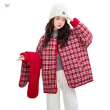 女童夹棉加厚棉袄2025年冬季新款格子拼接双面穿外套中大童新年服，童装棉衣，祺儿童装