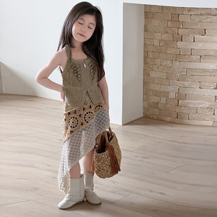 女童夏季套装薄款洋气时髦吊带儿童时尚不规则针织镂空短裙两件套