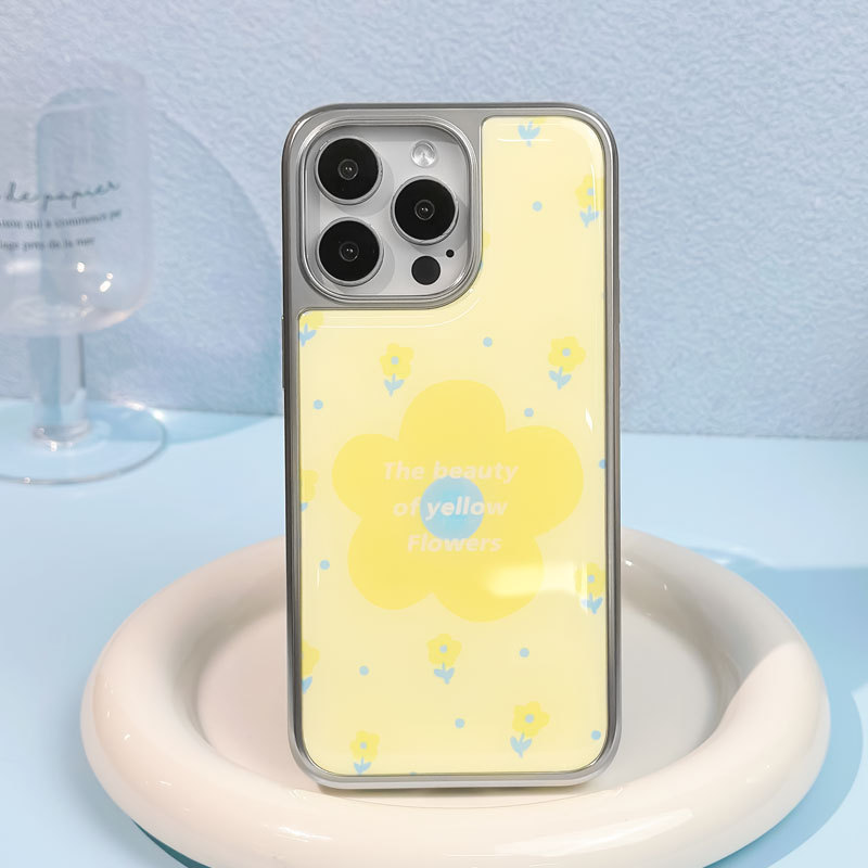 苹果16手机壳15Pro适用iPhone14电镀银边滴胶壳黄色小花图案