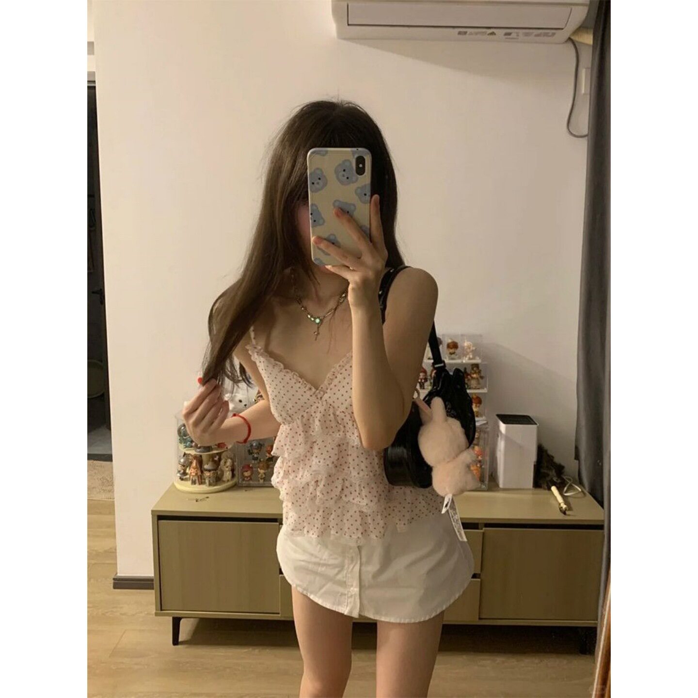 时尚纯欲辣妹风红色波点无袖吊带背心女夏季别致荷叶边设计感上衣