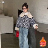 女童棉服外套2025年冬季新款中大童韩系格子棉衣短款面包服大翻领，童装棉衣，祺儿童装