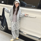 女童秋季休闲套装2025新款打底衫连帽外套直筒裤三件套中大童时髦，童装休闲套装，祺儿童装
