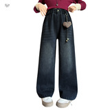 女童秋冬加绒牛仔裤2025年新款爱心挂件阔腿裤中大童复古直筒长裤，童装裤子，祺儿童装