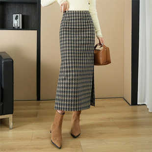两侧开叉弹力毛呢千鸟格半身裙秋冬新款铅笔裙包臀裙大码女直筒裙