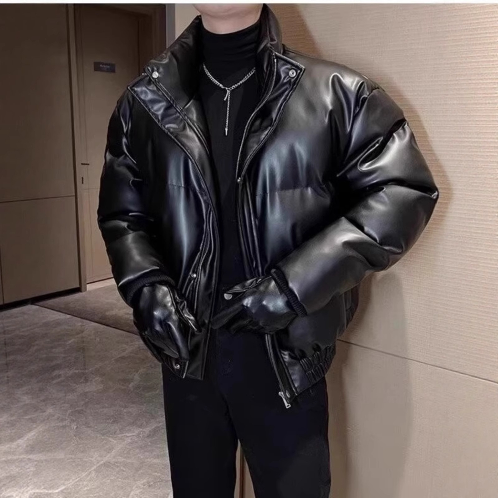 猛男ins潮牌级感痞帅pu皮棉衣冬季立领加厚保暖防水机车棉服外套