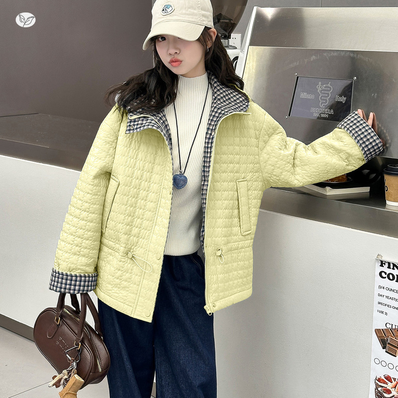 女童2025冬季新款小香风特种绗绣格子加厚棉服女大童户外保暖外套，童装棉衣，祺儿童装