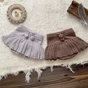 女童秋冬针织短裤裙ins婴幼儿毛线百褶裙裤宝宝荷叶边毛球屁屁裤