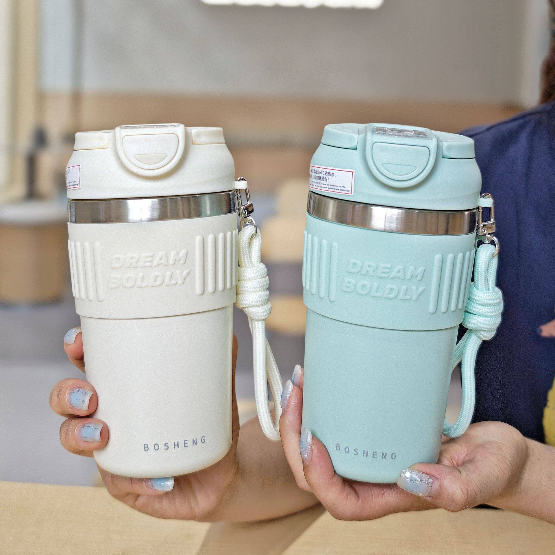 清新简约316不锈钢咖啡杯带硅胶套真空便携吸管杯精美双饮情侣杯