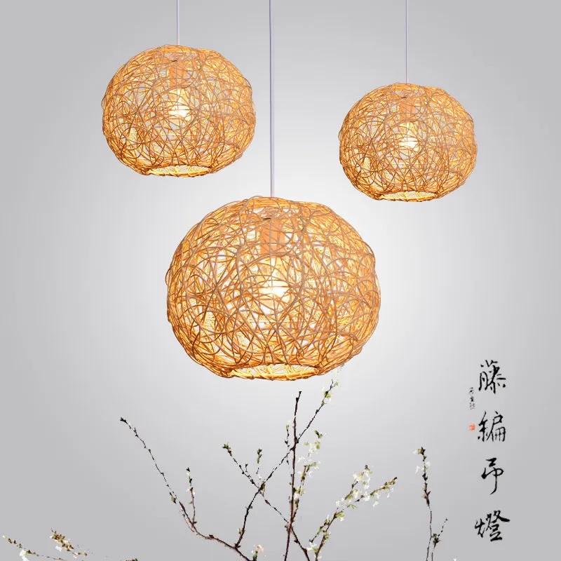 简约现田园餐厅藤球吊灯创意手工编织灯卧室客厅餐饮小店圆球灯