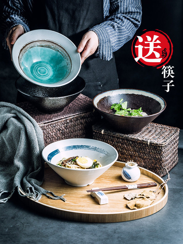 热销日式拉面碗汤面碗家用陶瓷碗餐厅面条碗泡面碗斗笠碗餐具_虎窝淘