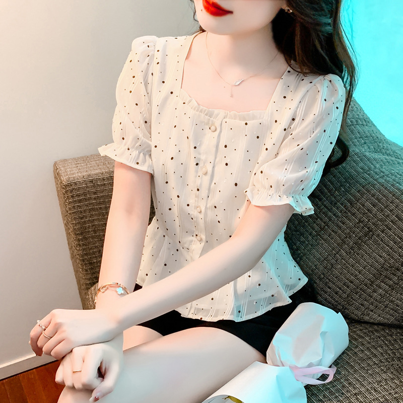秋米时尚气质短款短袖雪纺衫女夏季2024新款收腰显瘦短袖洋气上衣