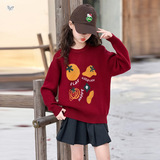 女童红色毛衣加厚2025年秋冬新款卡通针织套头衫中大童新年打底衫，童装毛衣，祺儿童装