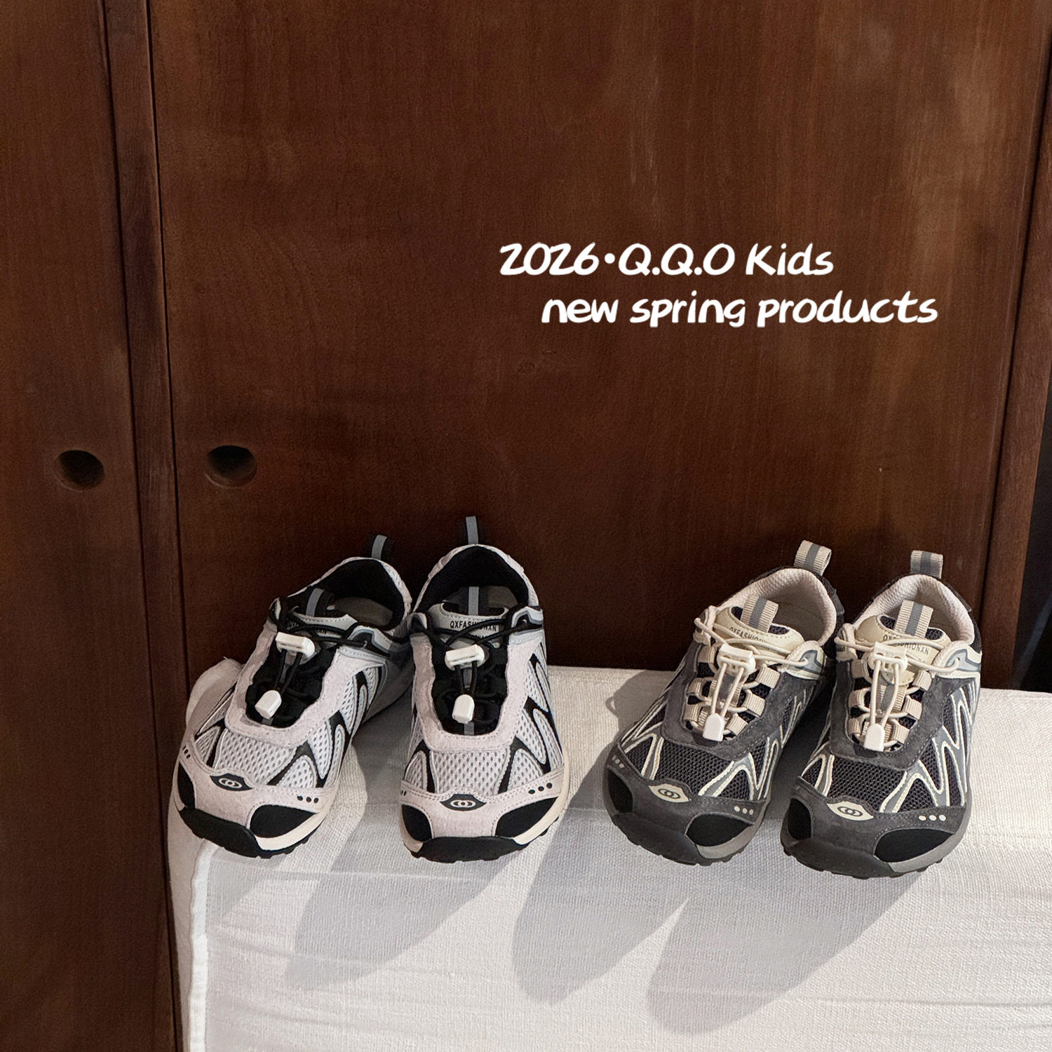 QQO童鞋 2026春款儿童时尚抽绳网面透气阿甘鞋女童软底运动跑鞋